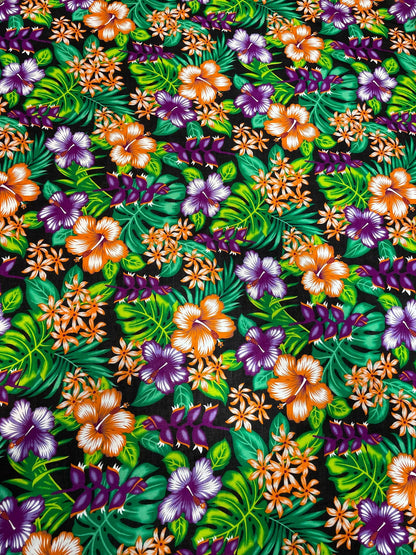 GTEX Collection A200- Polynesian Floral Fabric - Plumeria Hawaiian Flowers All over Fabric Design - Sold by the Yard - Rayon Fabric 45"  | Gtex Fabrics
