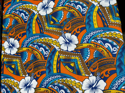 Polynesian Tribal Hibiscus Fusion – 45” Wide | Lightweight Soft Poly Cotton Feel | Sold by Yard or Roll | Island Design | Wholesale | Gtex Fabrics