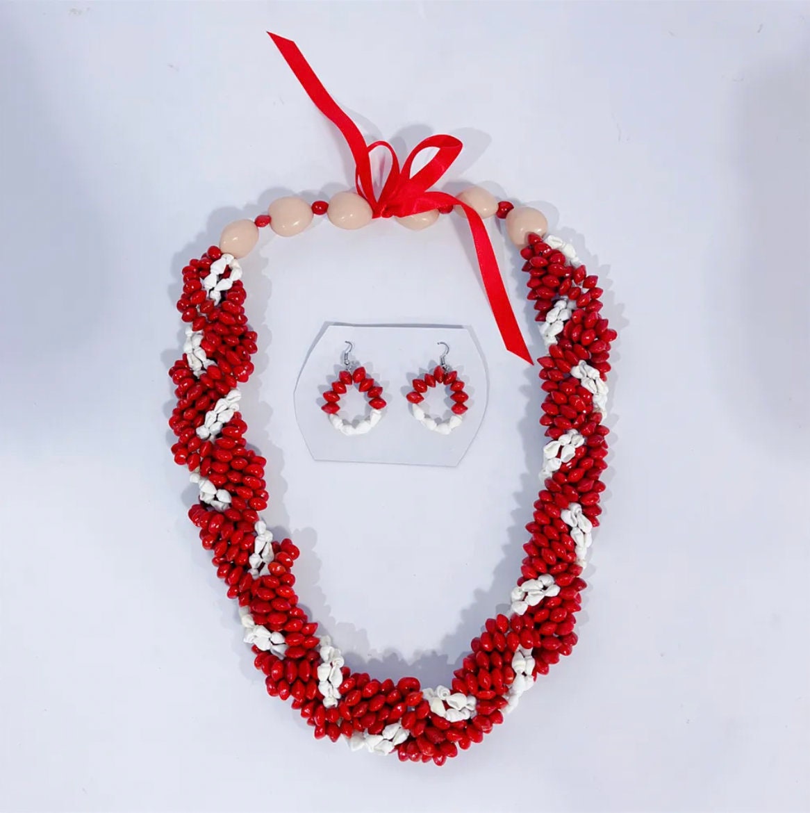 Polynesian, Samoan, Tongan Men's Traditional - Lopa Seeds White Nasa Shell Necklace Red Beans Acacia Beans w Acrylic Kukui Nuts Leis |  Gtex Fabricss