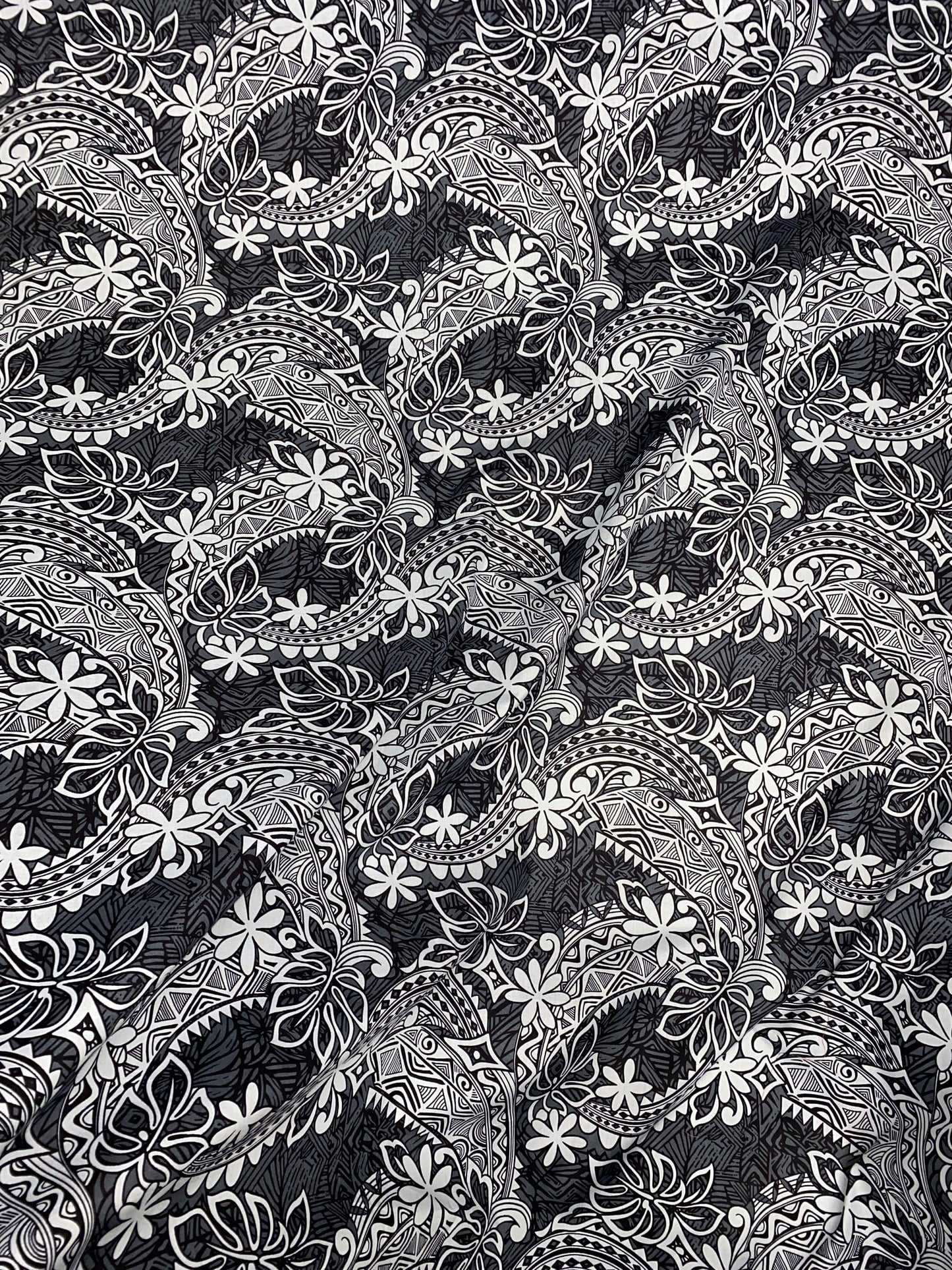 Polynesian Fabric - Tribal Tattoo Design with Floral - Island Fbric - Sold by the Yard - 100% Cotton Fabric 45" - New Design | GTEX FABRICS