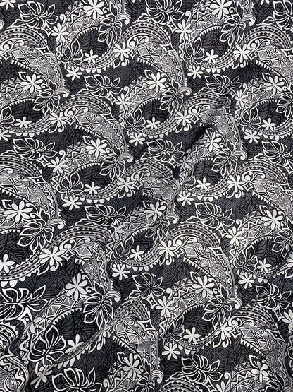 Polynesian Fabric - Tribal Tattoo Design with Floral - Island Fbric - Sold by the Yard - 100% Cotton Fabric 45" - New Design | GTEX FABRICS