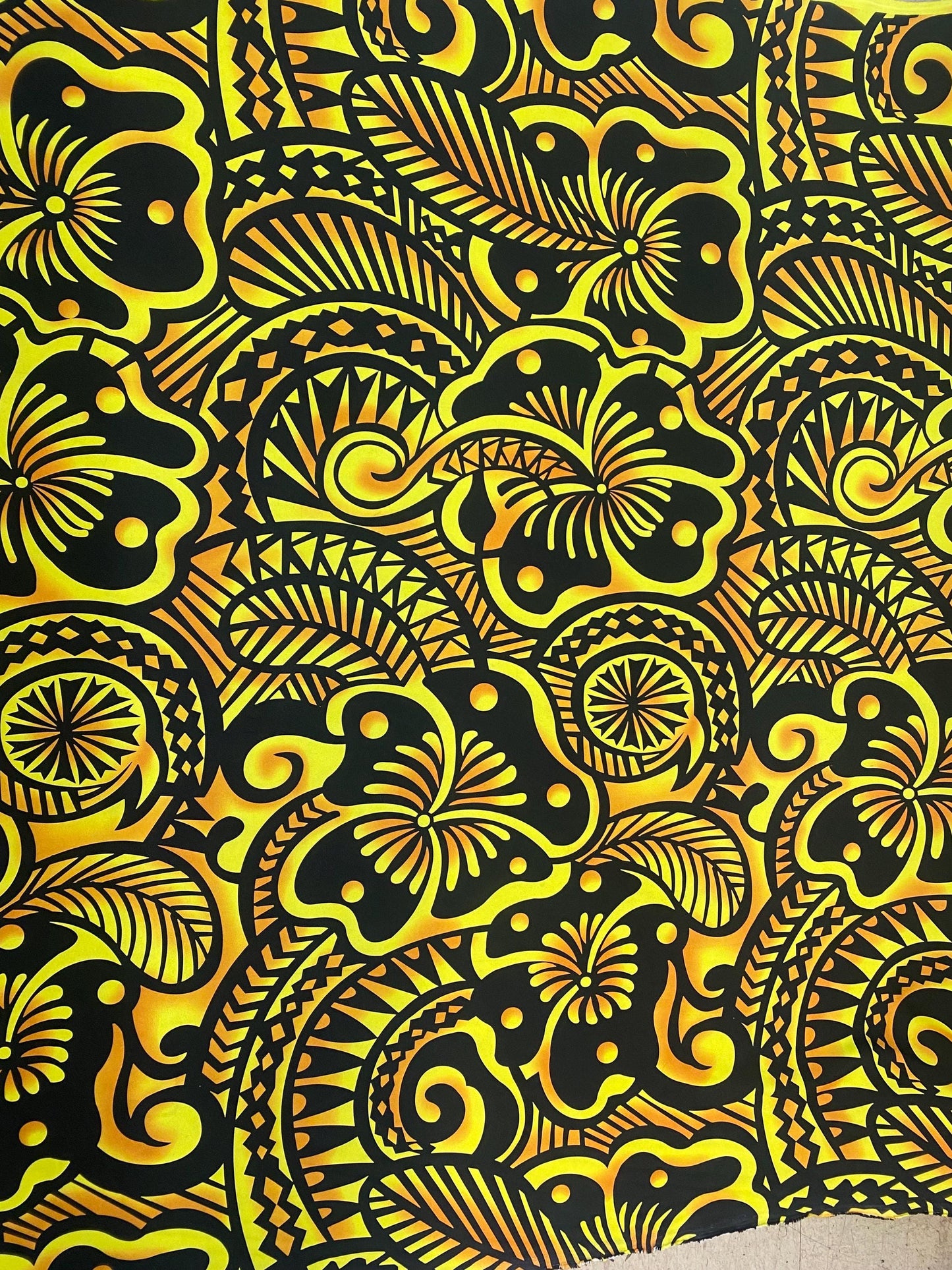 Large Print: Polynesian Fabric with Floral and Tribal Tattoo Design on Mini Matt - 58" Wide - Island Fabric - By The Yard (Black & Yellow)   | Gtex Fabrics
