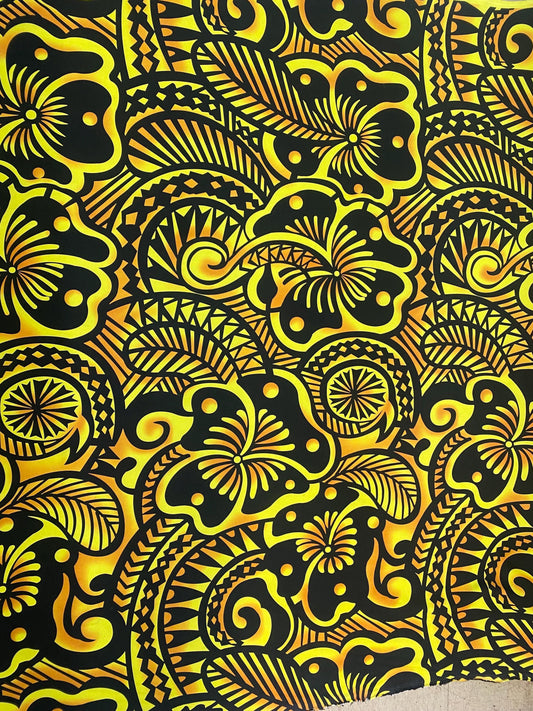 Large Print: Polynesian Fabric with Floral and Tribal Tattoo Design on Mini Matt - 58" Wide - Island Fabric - By The Yard (Black & Yellow)   | Gtex Fabrics