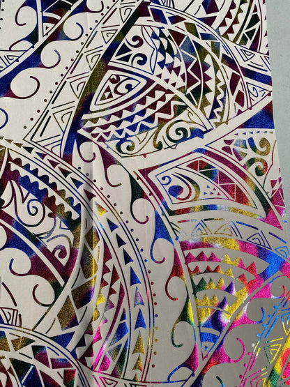 GTEX Collection- Exquisite Traditional Polynesian Tattoo Design | Foil Fabric - Stretch Scuba Fabric - 63" Luxury - Quality (Champagne Mix) | Gtex Fabrics
