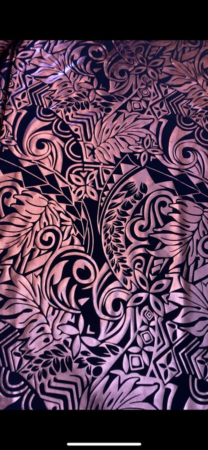 GTEX Collection- Exquisite Traditional Polynesian Tattoo Design | Foil Fabric - 2 Way Stretch Fabric - 60" Luxury (Navy & Dusty Rose Pink) | Gtex Fabrics