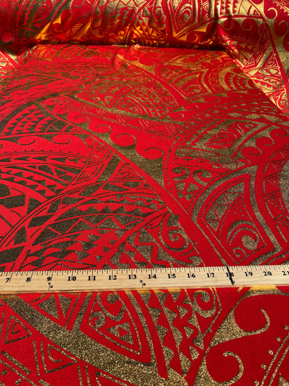 GTEX Collection- Exquisite Traditional Polynesian Tattoo Design | Foil Fabric - Stretch Scuba Fabric - 63" Luxury -Quality (Red & Gold) | Gtex Fabrics