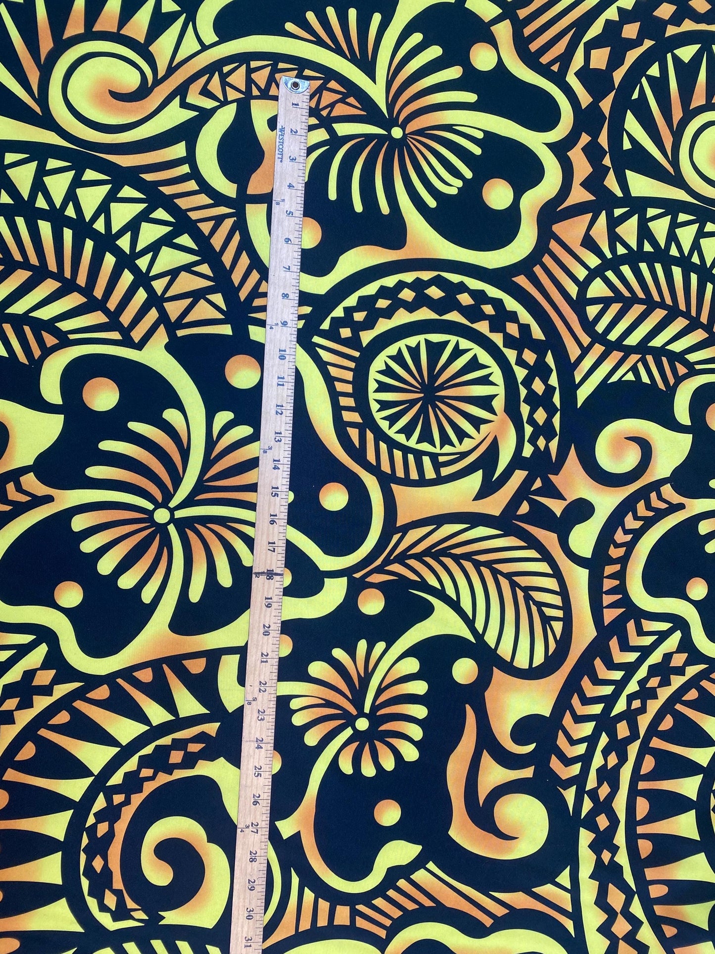 Large Print: Polynesian Fabric with Floral and Tribal Tattoo Design on Mini Matt - 58" Wide - Island Fabric - By The Yard (Black & Yellow)   | Gtex Fabrics