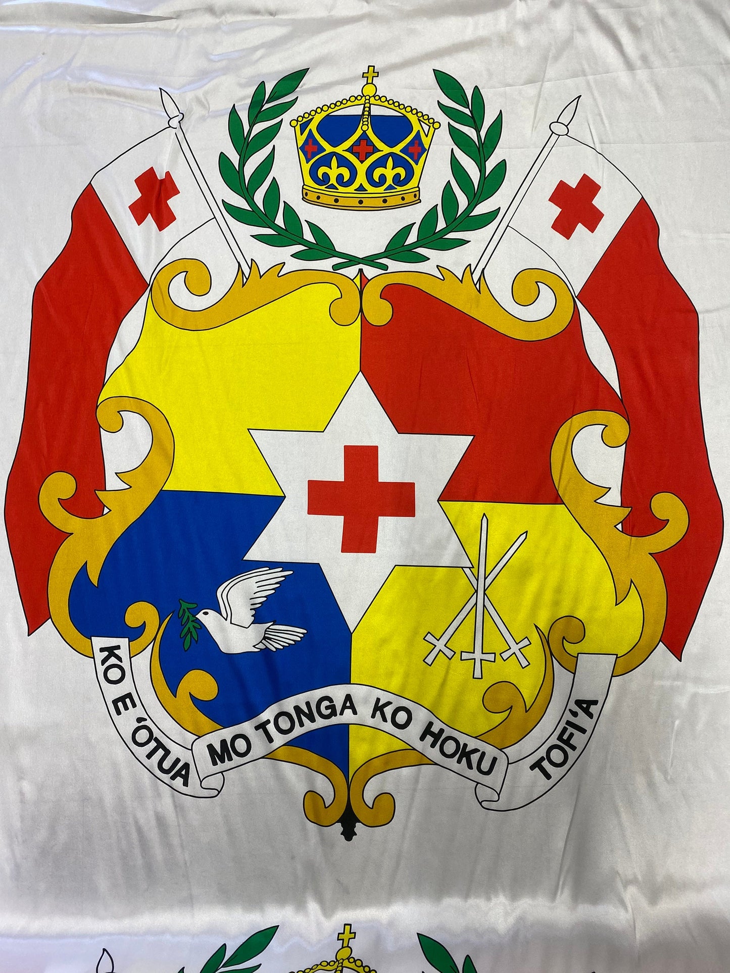 Seal of Tonga - Logo on Satin Fabric - Panel 40" x 58" Wide - Flag of Tonga for Quilts, Mono Mono, Crafts & More | Gtex Fabrics