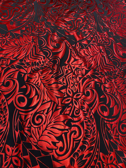 GTEX Collection- Exquisite Traditional Polynesian Tattoo Design | Foil Fabric - 2 Way Stretch Fabric - 60" Luxury Quality (Black & Red)   | Gtex Fabrics