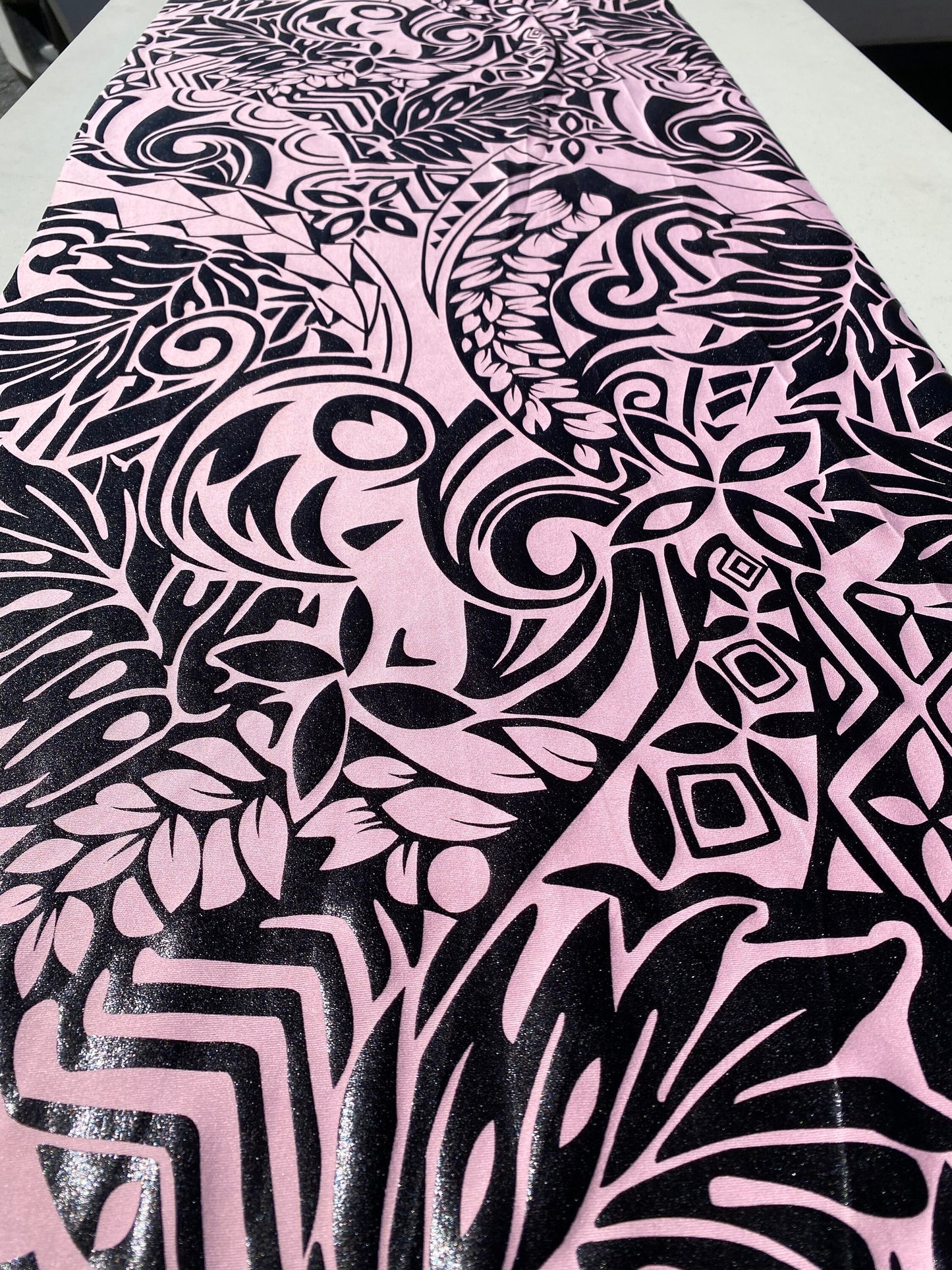 GTEX Collection- Exquisite Traditional Polynesian Tattoo Design | Foil Fabric - Stretch Scuba Fabric - 63" Luxury -Quality (Pink & Black)  | Gtex Fabrics