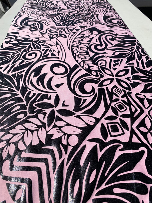 GTEX Collection- Exquisite Traditional Polynesian Tattoo Design | Foil Fabric - Stretch Scuba Fabric - 63" Luxury -Quality (Pink & Black)  | Gtex Fabrics