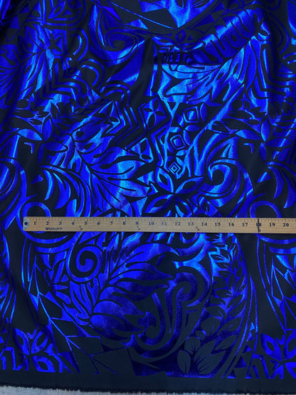 GTEX Collection- Exquisite Traditional Polynesian Tattoo Design | Foil Fabric - 2 Way Stretch Fabric - 60" Luxury Quality (Black & Blue)   | Gtex Fabrics