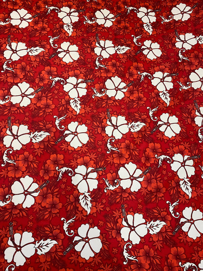 Hawaiian Print Luau Floral Hibiscus Poly Cotton Feeling Fabric 60" Sold By The Yard Tropical Vintage Tropical Hawaiian Print  | Gtex Fabrics