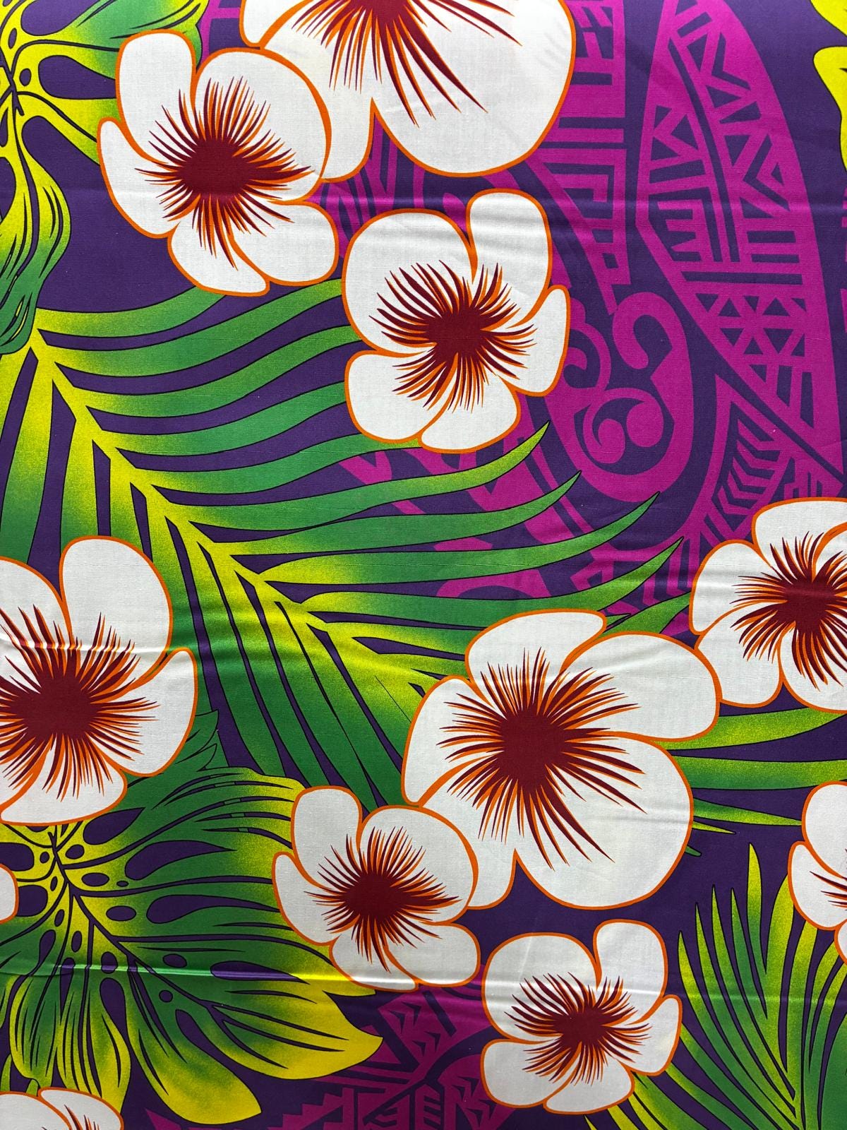 Polynesian Hibiscus & Monstera Fabric – 100% Cotton | 45" Wide | Tropical Island Print | Sold by Yard or Roll | Made in Thailand  | Gtex Fabrics