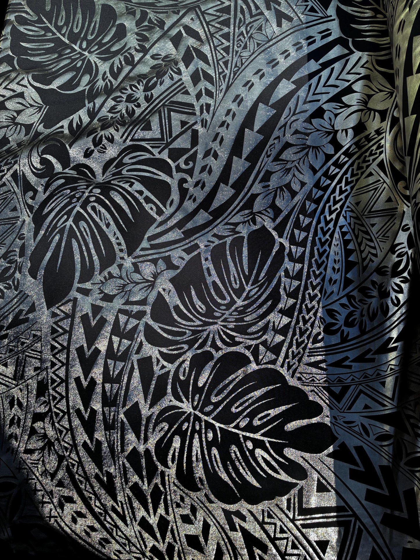 Traditional Polynesian Samoan Tongan Hawaiian Tattoo Hologram Foil Fabric | 58" Black & Lt. Gold Color Foil Fabric (Non-Stretch) | Gtex Fabrics