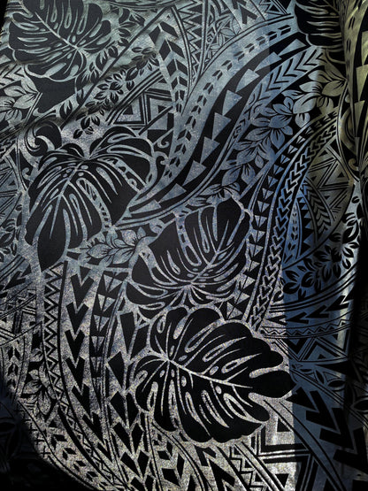 Traditional Polynesian Samoan Tongan Hawaiian Tattoo Hologram Foil Fabric | 58" Black & Lt. Gold Color Foil Fabric (Non-Stretch) | Gtex Fabrics