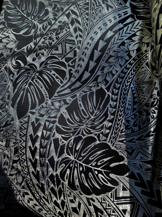 Traditional Polynesian Samoan Tongan Hawaiian Tattoo Hologram Foil Fabric | 58" Black & Lt. Gold Color Foil Fabric (Non-Stretch) | Gtex Fabrics