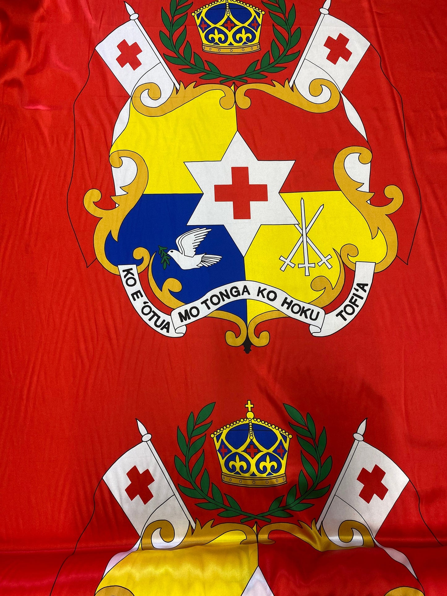 Seal of Tonga - Logo on Satin Fabric - Panel 40" x 58" Wide - Flag of Tonga for Quilts, Mono Mono, Crafts & More | Gtex Fabrics