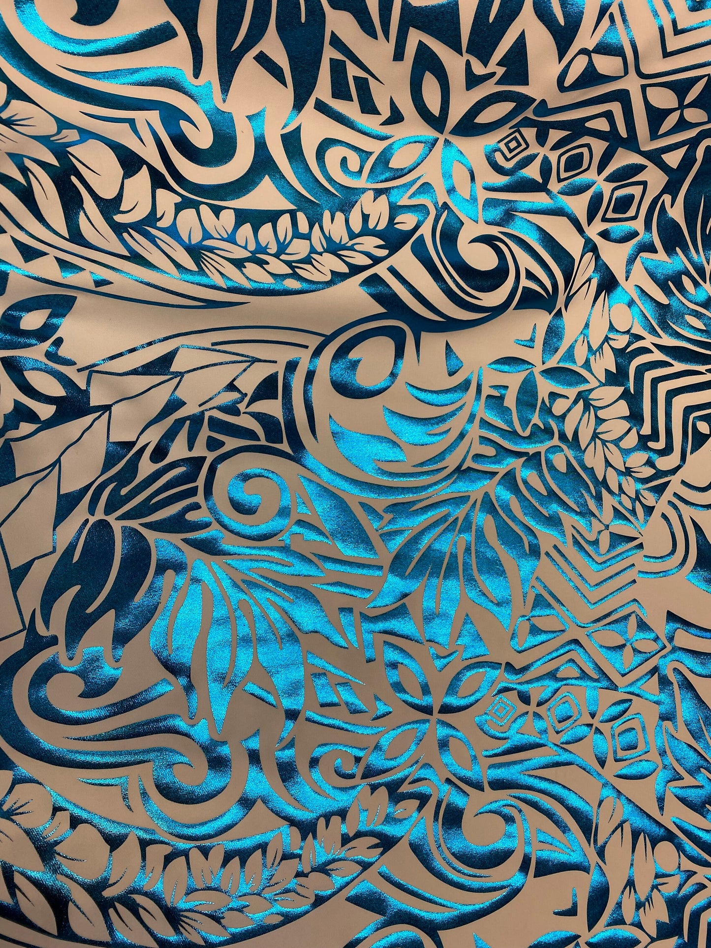 GTEX Collection- Exquisite Traditional Polynesian Tattoo Design | Foil Fabric- 2 Way Stretch Fabric - 60" Luxury Quality (White & Turquoise) | Gtex Fabrics