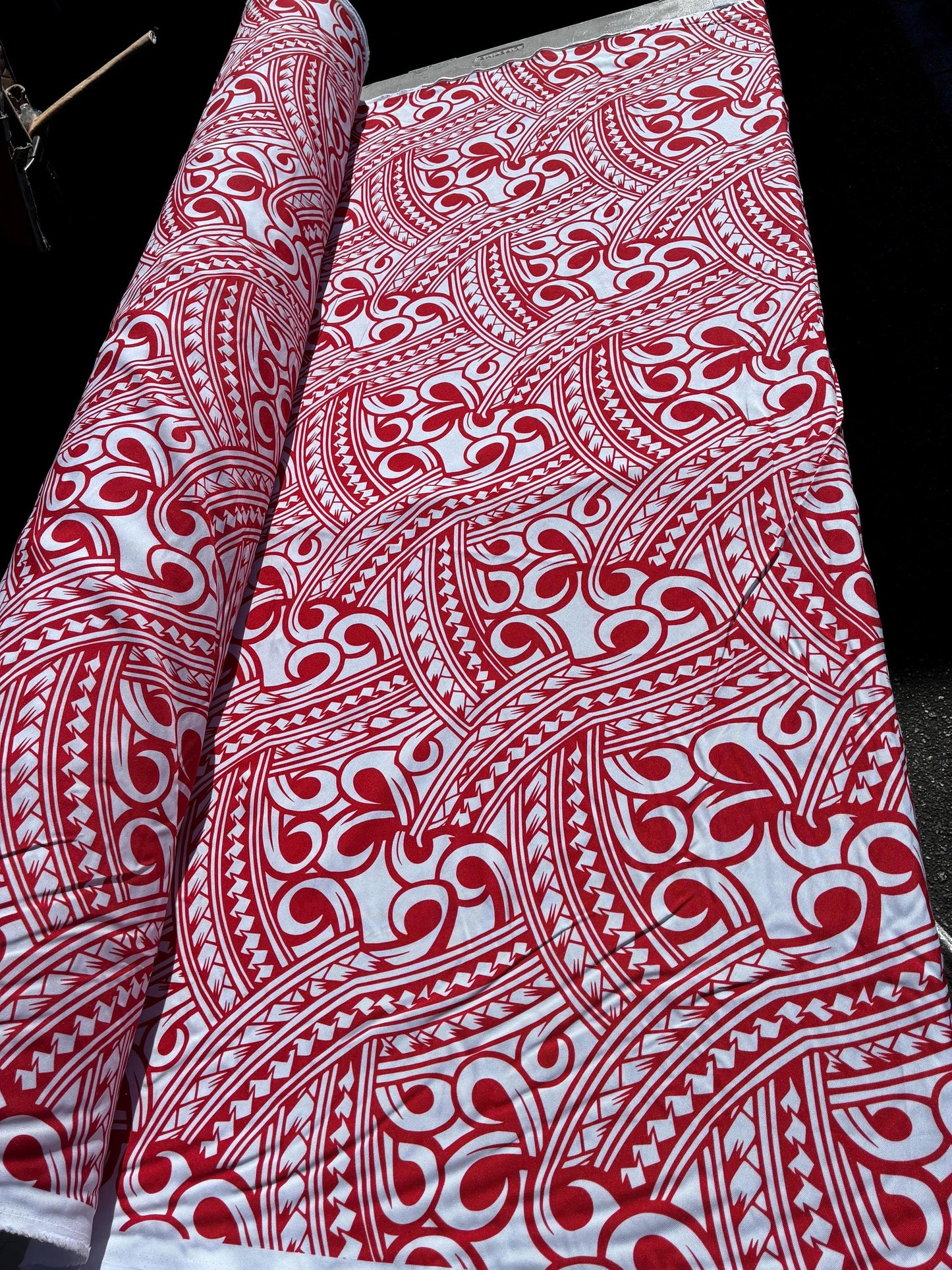 Island Fabric - Polynesian Tribal Fabric – 100% Polyester MiniMatt – Made in New Zealand 60” Wide (Red and White)  | Gtex Fabrics