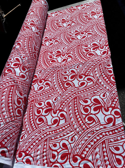 Island Fabric - Polynesian Tribal Fabric – 100% Polyester MiniMatt – Made in New Zealand 60” Wide (Red and White)  | Gtex Fabrics