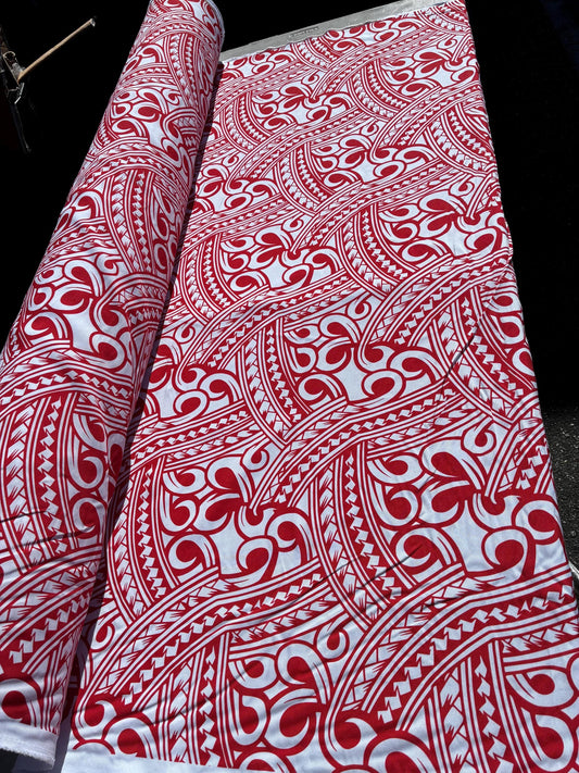 Island Fabric - Polynesian Tribal Fabric – 100% Polyester MiniMatt – Made in New Zealand 60” Wide (Red and White)  | Gtex Fabrics