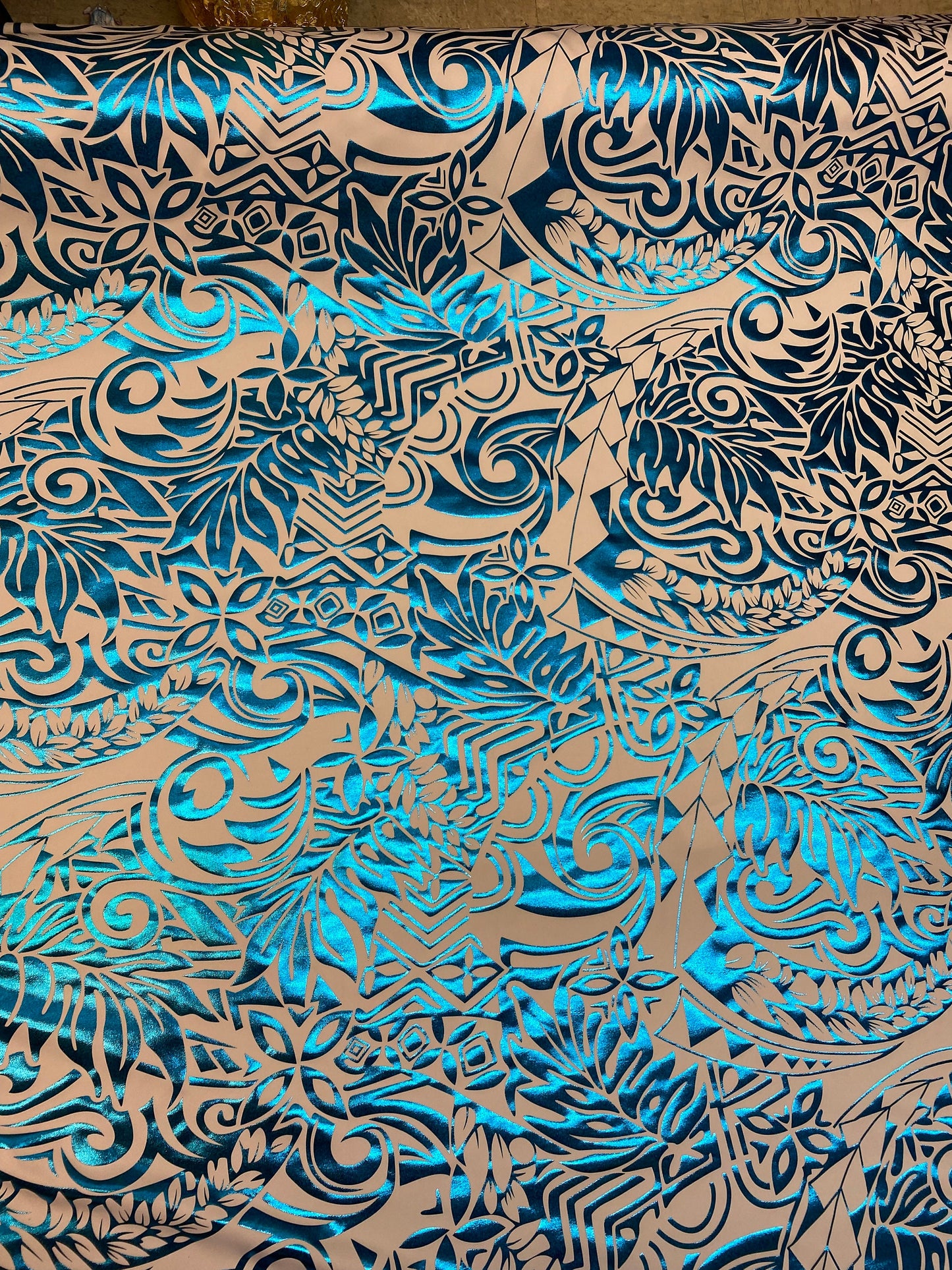 GTEX Collection- Exquisite Traditional Polynesian Tattoo Design | Foil Fabric- 2 Way Stretch Fabric - 60" Luxury Quality (White & Turquoise) | Gtex Fabrics
