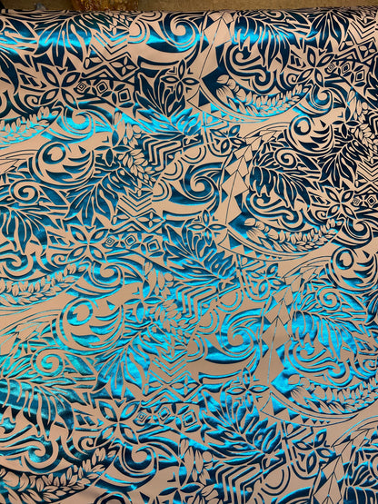 GTEX Collection- Exquisite Traditional Polynesian Tattoo Design | Foil Fabric- 2 Way Stretch Fabric - 60" Luxury Quality (White & Turquoise) | Gtex Fabrics
