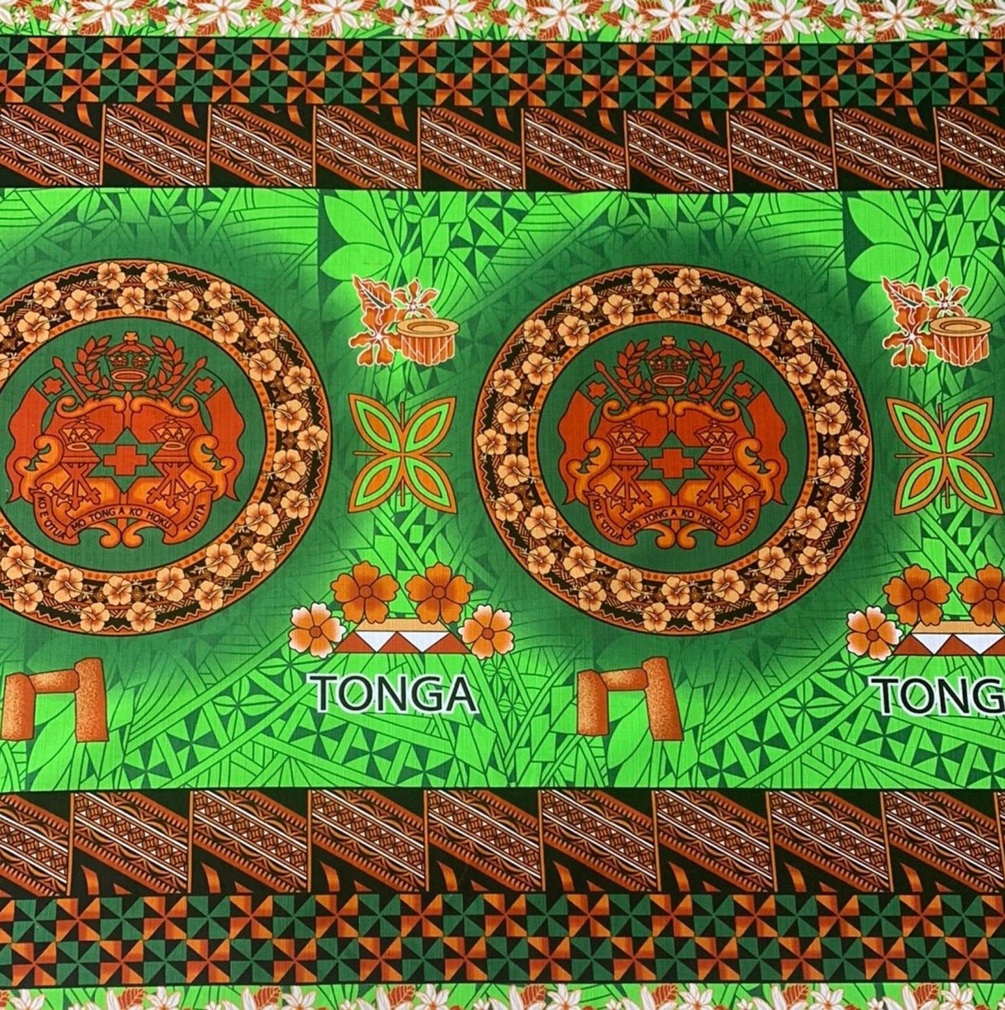 Polynesian Doby Cloth, Bark Cloth, 100% Cotton, High Quality Rich Colors - Seal of Tonga Cloth, Tonga Island Fabric, New Design - Green | Gtex Fabrics