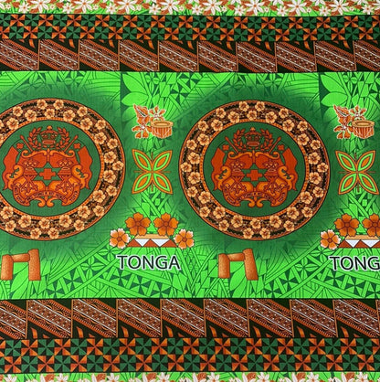 Polynesian Doby Cloth, Bark Cloth, 100% Cotton, High Quality Rich Colors - Seal of Tonga Cloth, Tonga Island Fabric, New Design - Green | Gtex Fabrics