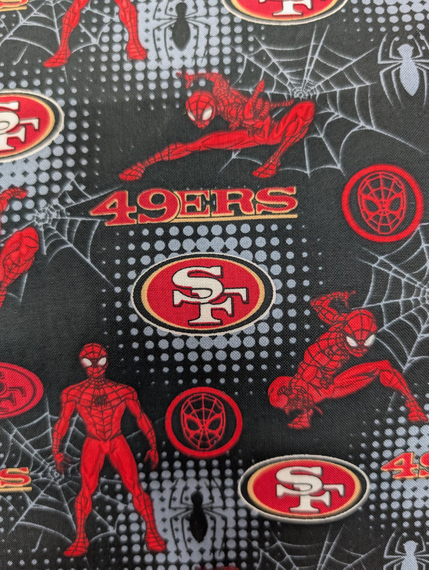NFL San Francisco 49ers Logo Spider Man Toss 100% Cotton Fabric Fast Ship Football Material By The Yard  | Gtex Fabrics