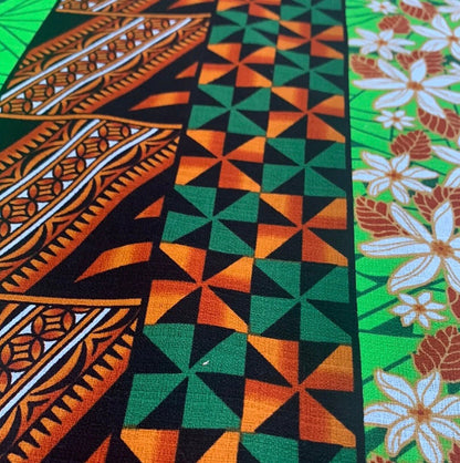 Polynesian Doby Cloth, Bark Cloth, 100% Cotton, High Quality Rich Colors - Seal of Tonga Cloth, Tonga Island Fabric, New Design - Green | Gtex Fabrics