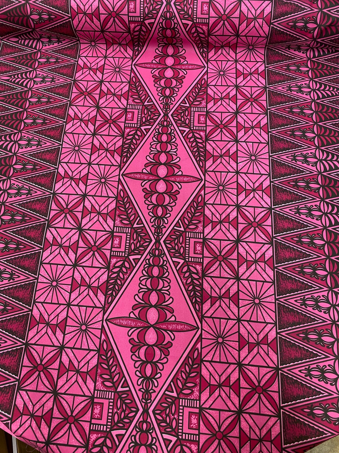 Polynesian Tongan Print, Tribal, Block Print, Polyester Fabric 45" - HD Design Island Fabric | POLY111 Pink