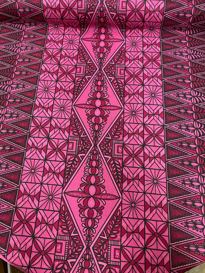 Polynesian Tongan Print, Tribal, Block Print, Polyester Fabric 45" - HD Design Island Fabric | POLY111 Pink