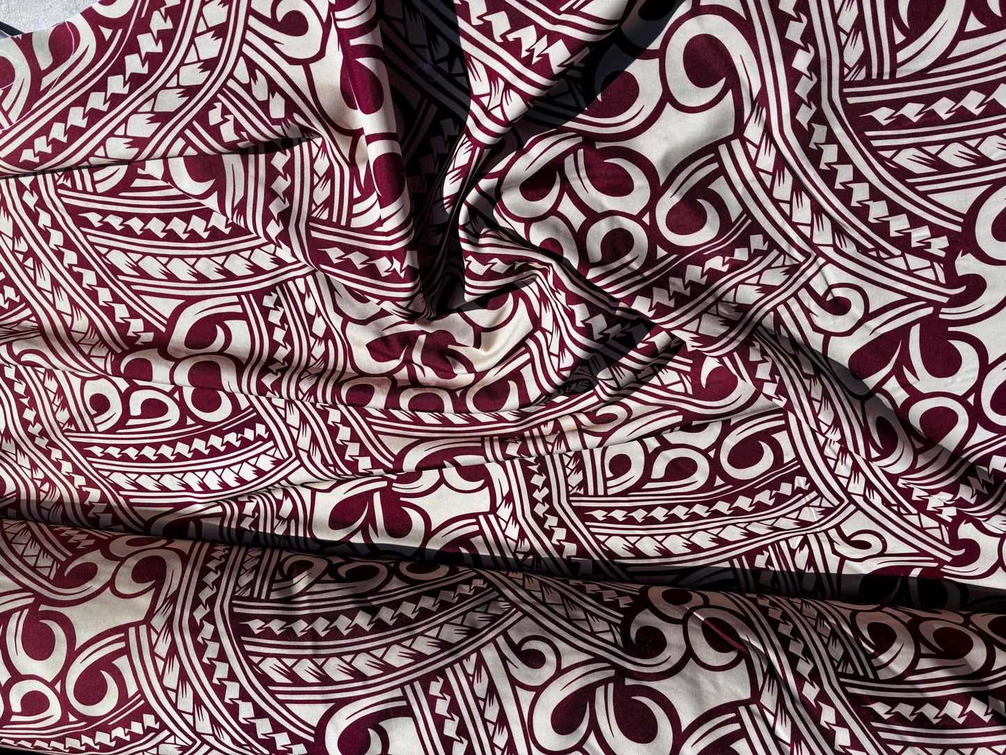 Island Fabric - Polynesian Tribal Fabric – 100% Polyester MiniMatt – Made in New Zealand 60” Wide (Beige and Burgundy)  | Gtex Fabrics