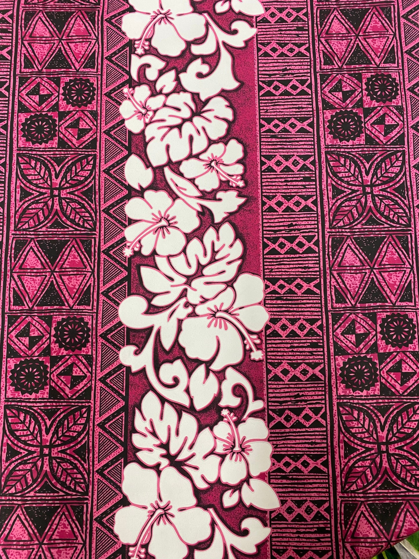 New! Polynesian Fabric, Hibiscus Print with Tribal Tattoo Design, Island Fabric - Sold by the Yard - Polyester Fabric 45" - Pink Color | Gtex Fabrics