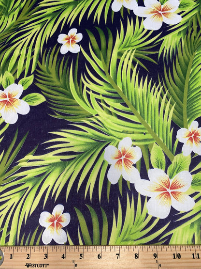 Hawaiian Print Luau Floral Hibiscus Poly Cotton Fabric 60" Sold By The Yard Tropical Vintage Navy & Green Tropical Hawaiian Printv | Gtex Fabrics