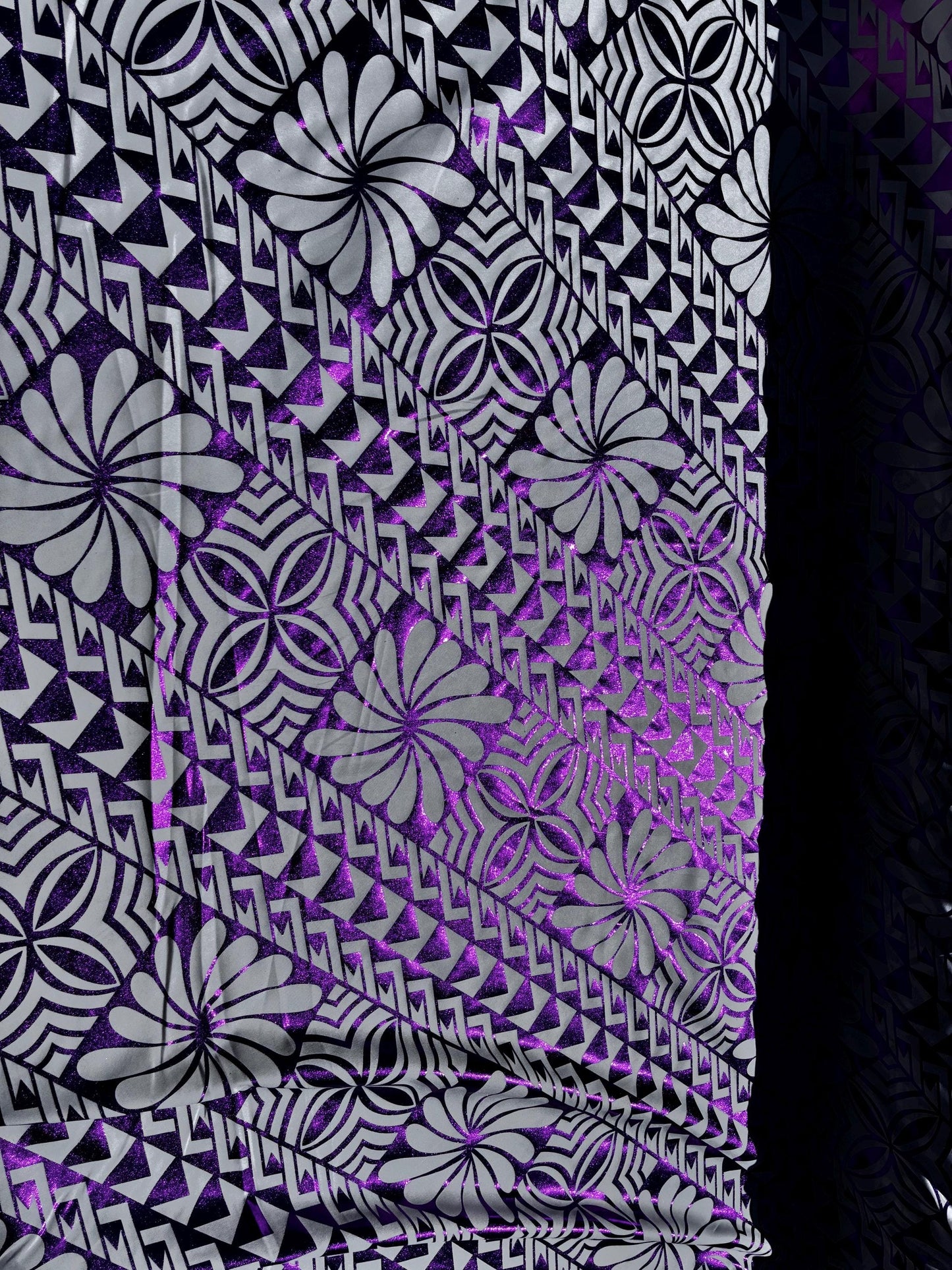 Traditional Polynesian Samoan Tongan Hawaiian Tattoo Hologram Foil Fabric | 58" White & Purple Color Foil Fabric (Non-Stretch) | Gtex Fabrics