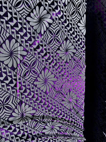 Traditional Polynesian Samoan Tongan Hawaiian Tattoo Hologram Foil Fabric | 58" White & Purple Color Foil Fabric (Non-Stretch) | Gtex Fabrics