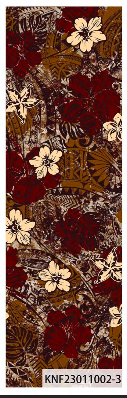 Island Elegance: Hawaiian Printed Fabric with Plumeria Flowers, Monstera Leaf, and Mixed Tribal Design on Peach Skin Fabric (58" Wide | Gtex Fabrics)