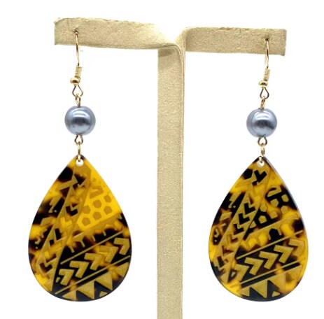 Polynesian Island Tribal Earring Set - Resin Embossed with Pearl - Design 103 | Gtex Fabrics