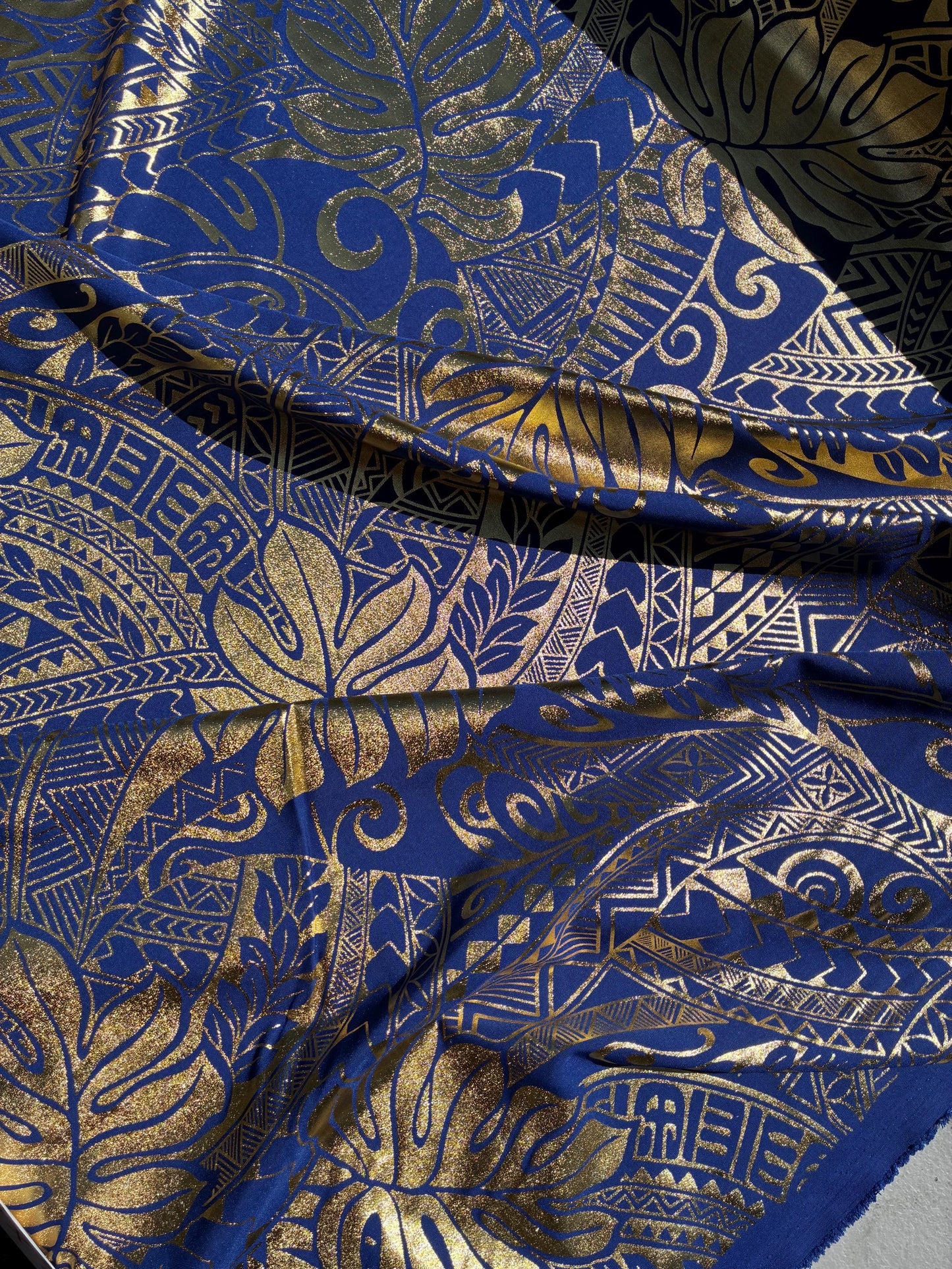 Traditional Polynesian Samoan Tongan Hawaiian Tattoo Hologram Foil Fabric | 58" Blue & Gold Color Foil Fabric (Non-Stretch) | Gtex Fabrics