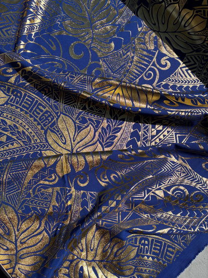 Traditional Polynesian Samoan Tongan Hawaiian Tattoo Hologram Foil Fabric | 58" Blue & Gold Color Foil Fabric (Non-Stretch) | Gtex Fabrics