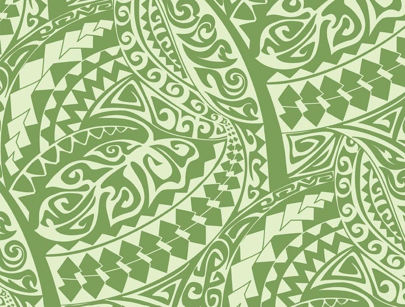Polynesian Tribal Fabric – Sage Green 100% Cotton, 44” Wide Island Print by the Yard