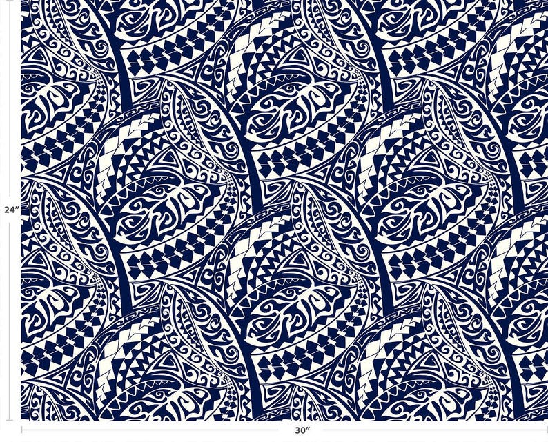 Polynesian Tribal Fabric – White and Navy Blue 100% Cotton, 44” Wide Island Print by the Yard