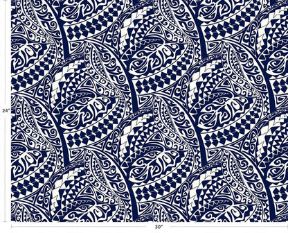 Polynesian Tribal Fabric – White and Navy Blue 100% Cotton, 44” Wide Island Print by the Yard