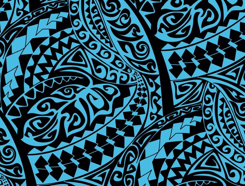 Polynesian Tribal Fabric – Aqua Blue and Black 100% Cotton, 44” Wide Island Print by the Yard