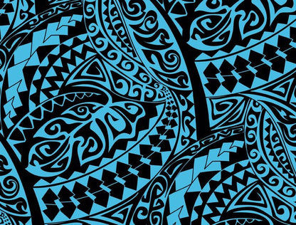Polynesian Tribal Fabric – Aqua Blue and Black 100% Cotton, 44” Wide Island Print by the Yard