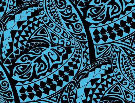 Polynesian Tribal Fabric – Aqua Blue and Black 100% Cotton, 44” Wide Island Print by the Yard
