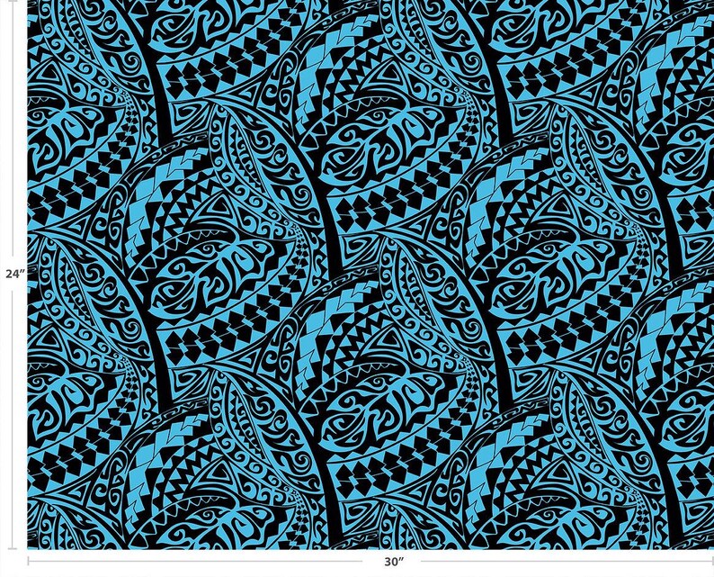 Polynesian Tribal Fabric – Aqua Blue and Black 100% Cotton, 44” Wide Island Print by the Yard